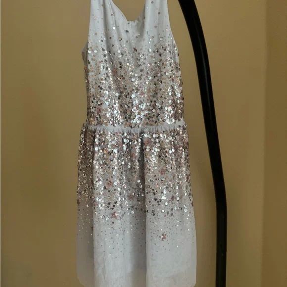 slim fit dress slacks H&M, lined rose gold sequin party dress, GUC, size 10, L: 70cm   DaisyChainClothing